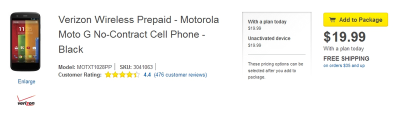 Illustration for article titled Friendly Notice: Verizon Prepaid Moto G for $20 at Best Buy!